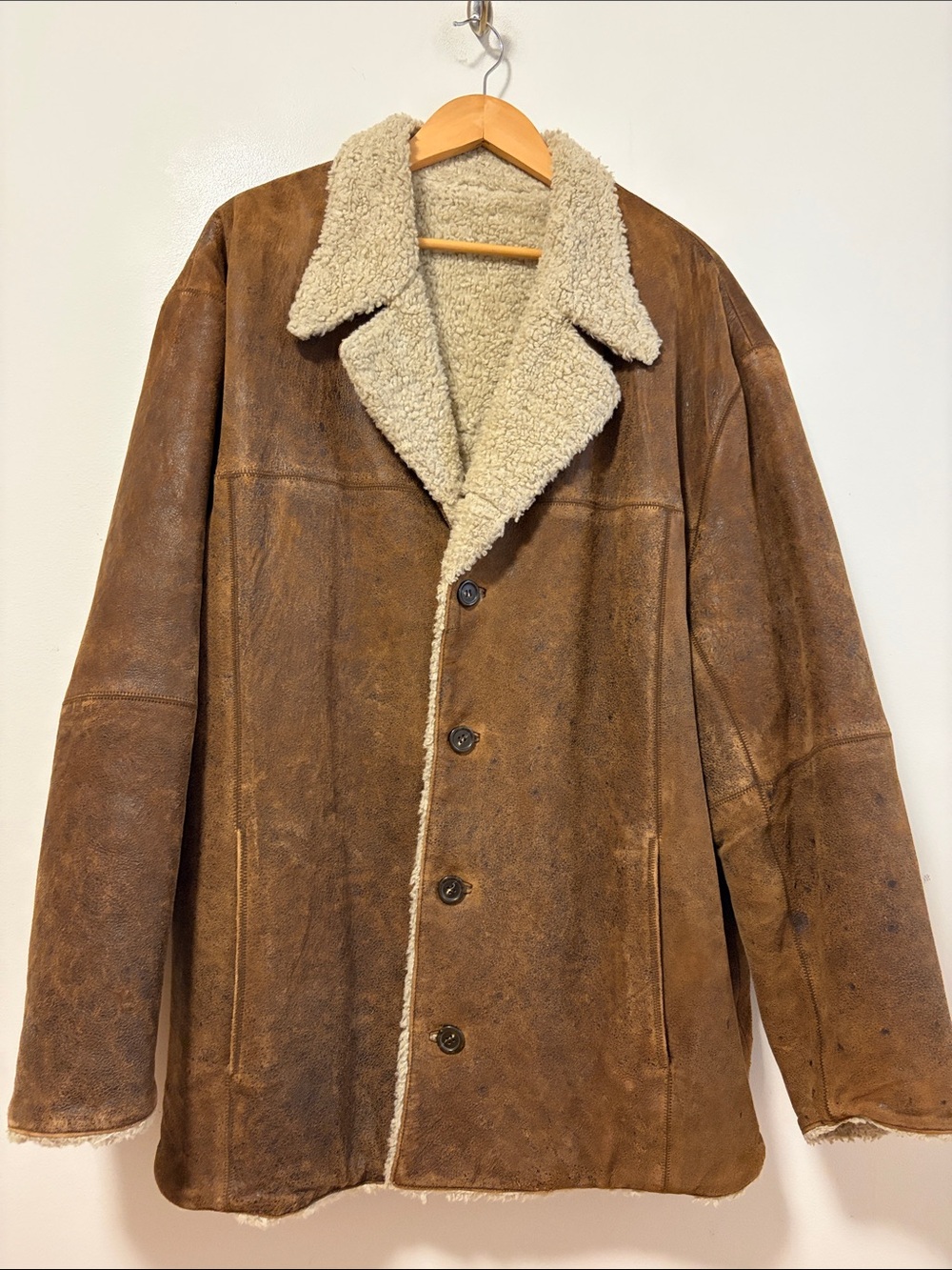 Vintage Leather Coat Mens Large Brown Shearling Sheepskin Cowboy Workwear Y2K
